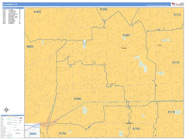 Alhambra, CA ZIP Code Wall Map, Business Reference style