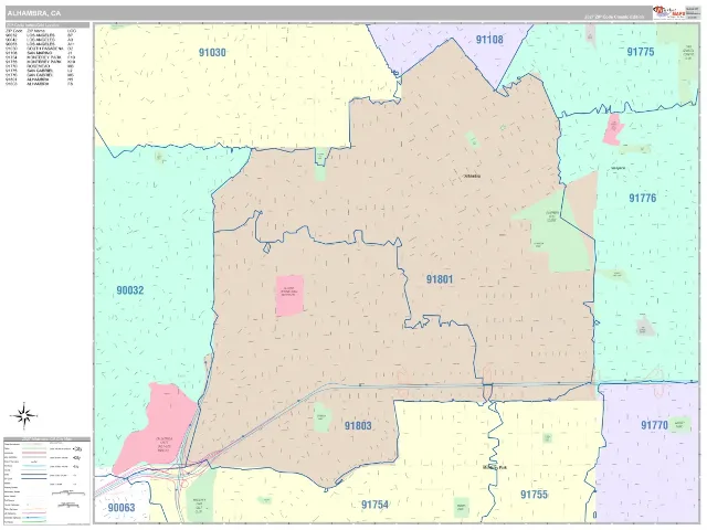 Alhambra, CA ZIP Code Wall Map, Classic style