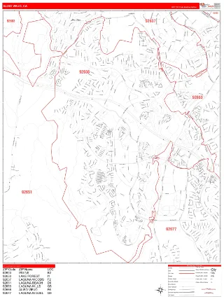 Aliso Viejo, CA RedLine style ZIP Code wall map