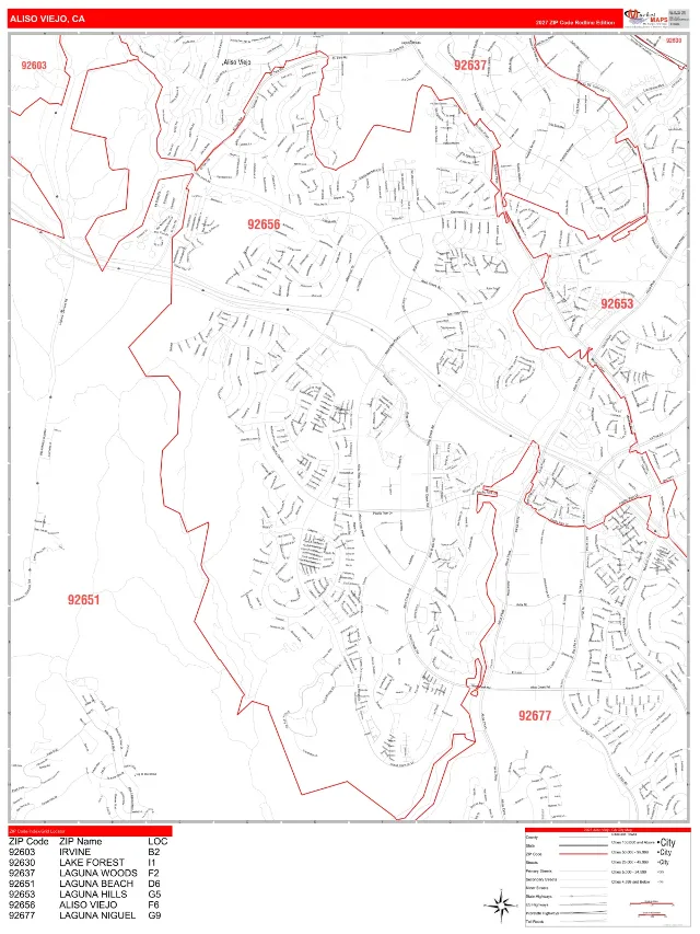 Aliso Viejo, CA ZIP Code Wall Map, RedLine style