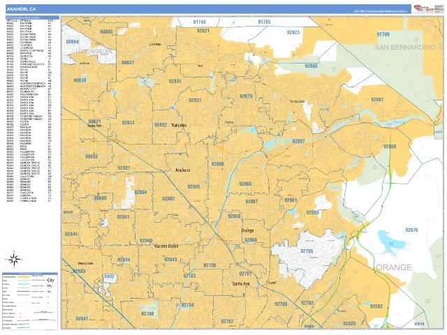 Anaheim, CA ZIP Code Wall Map, Business Reference style
