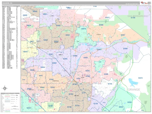 Anaheim, CA ZIP Code Wall Map, Classic style