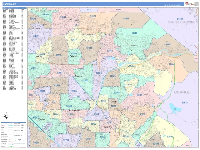 Anaheim, CA ZIP Code Wall Map, ColorCast style
