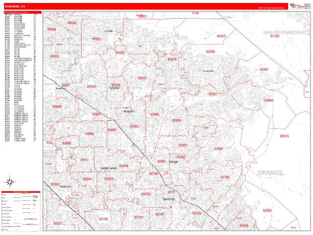 Anaheim, CA ZIP Code Wall Map, RedLine style