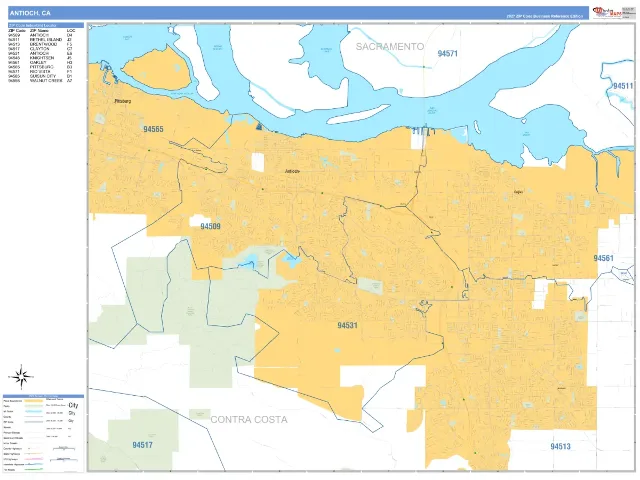 Antioch, CA ZIP Code Wall Map, Business Reference style