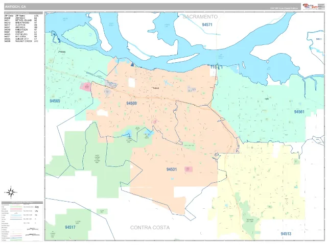 Antioch, CA ZIP Code Wall Map, Classic style