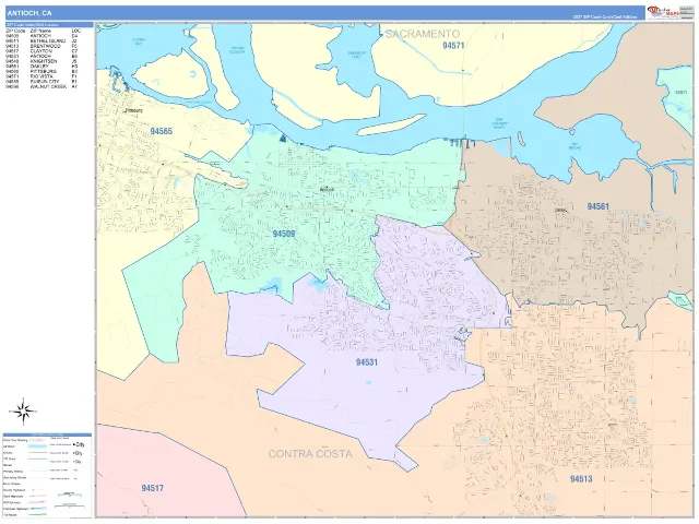 Antioch, CA ZIP Code Wall Map, ColorCast style