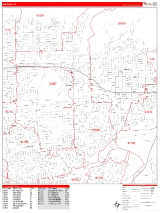 Arcadia, CA RedLine style ZIP Code wall map