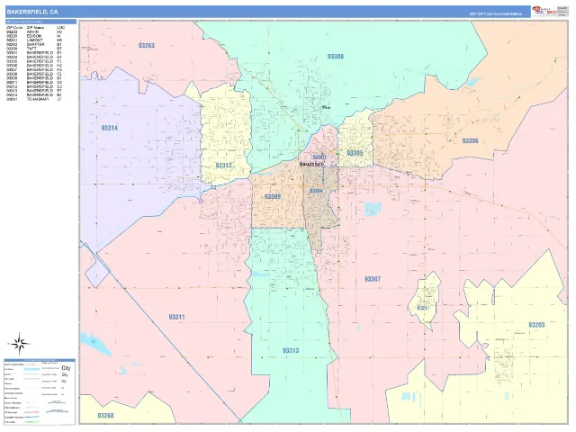 Bakersfield, CA ZIP Code Wall Map, ColorCast style