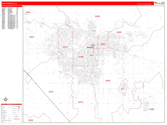 Bakersfield, CA ZIP Code Wall Map, RedLine style
