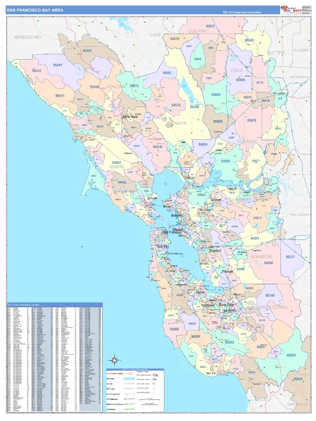 Bay Area, CA ZIP Code Wall Map, ColorCast style