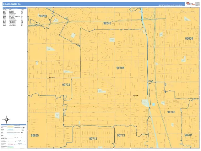 Bellflower, CA ZIP Code Wall Map, Business Reference style