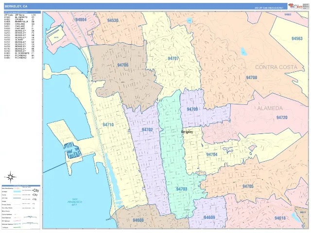 Berkeley, CA ZIP Code Wall Map, ColorCast style