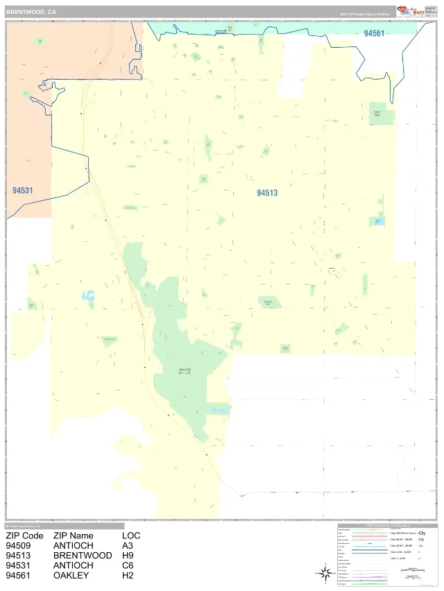 Brentwood, CA ZIP Code Wall Map, Classic style
