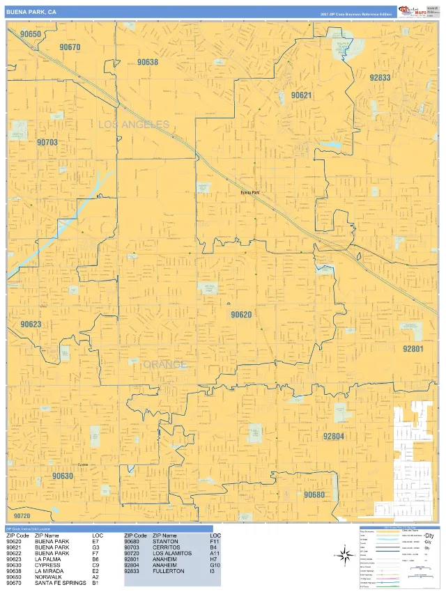 Buena Park, CA ZIP Code Wall Map, Business Reference style