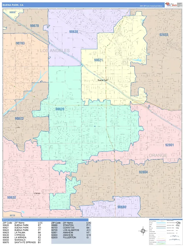 Buena Park, CA ZIP Code Wall Map, ColorCast style