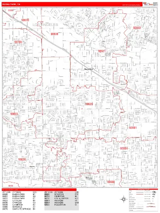 Buena Park, CA RedLine style ZIP Code wall map