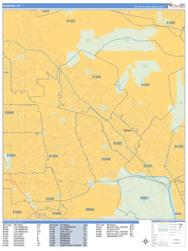 Burbank, CA ZIP Code Wall Map, Business Reference style