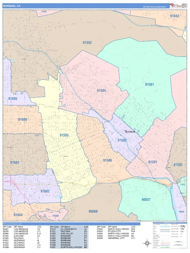 Burbank, CA ZIP Code Wall Map, ColorCast style