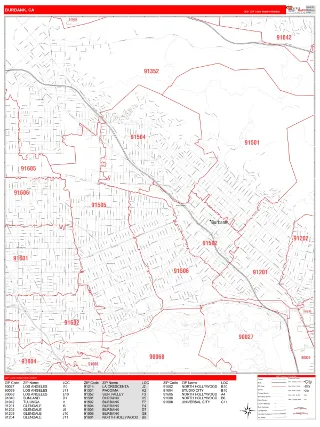 Burbank, CA RedLine style ZIP Code wall map