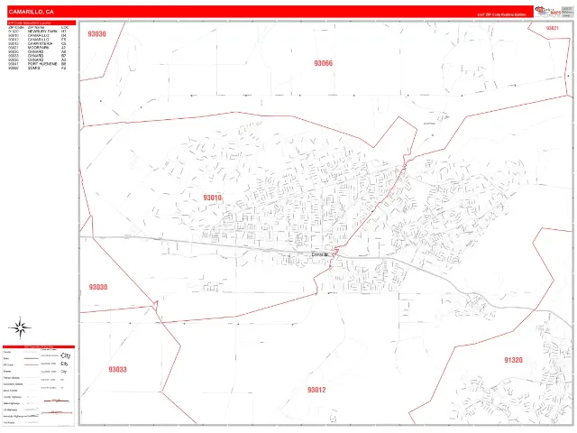 Camarillo, CA ZIP Code Wall Map, RedLine style