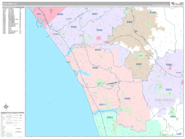 Carlsbad, CA ZIP Code Wall Map, Classic style