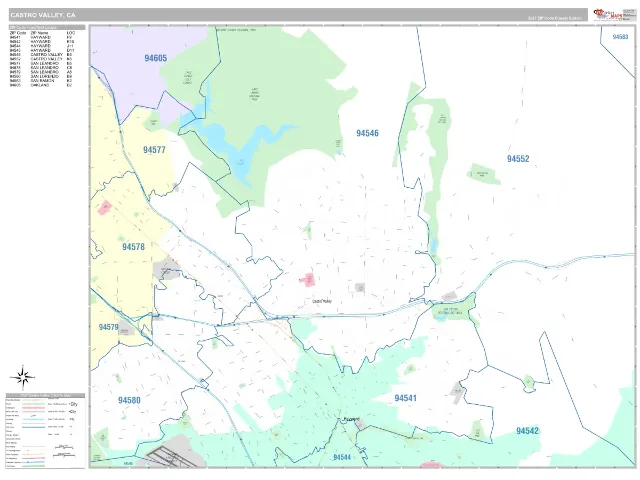 Castro Valley, CA ZIP Code Wall Map, Classic style