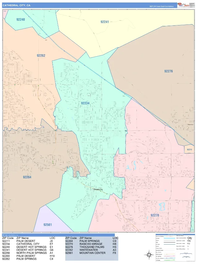 Cathedral City, CA ZIP Code Wall Map, ColorCast style