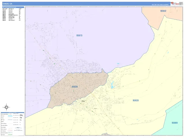 Chico, CA ZIP Code Wall Map, ColorCast style