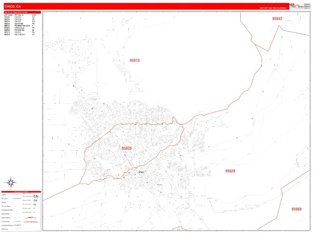 Chico, CA ZIP Code Wall Map, RedLine style