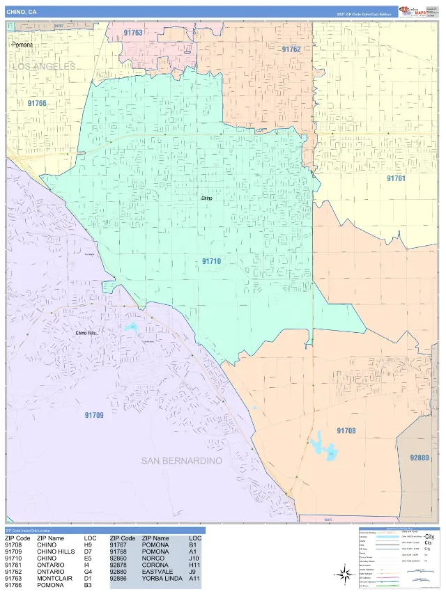Chino, CA ZIP Code Wall Map, ColorCast style