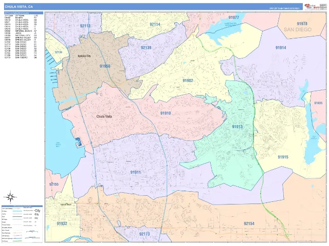 Chula Vista, CA ZIP Code Wall Map, ColorCast style