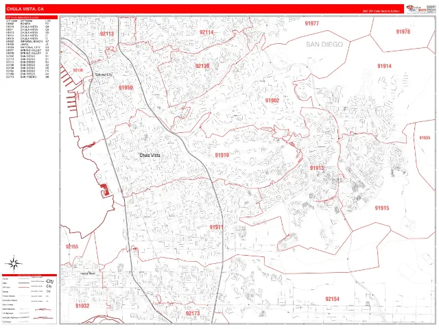 Chula Vista, CA ZIP Code Wall Map, RedLine style
