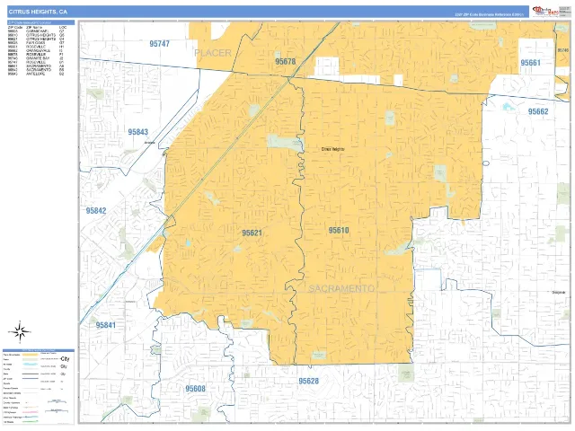 Citrus Heights, CA ZIP Code Wall Map, Business Reference style