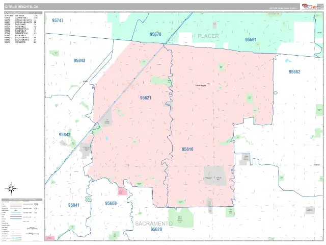 Citrus Heights, CA ZIP Code Wall Map, Classic style