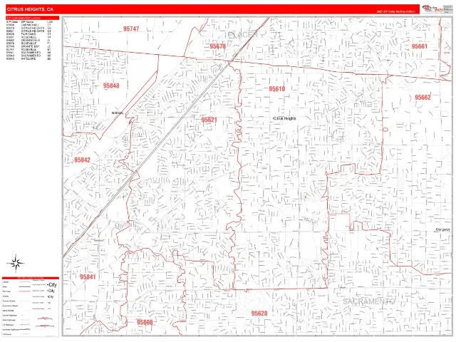 Citrus Heights, CA ZIP Code Wall Map, RedLine style