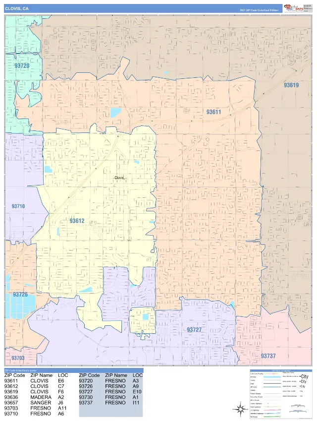 Clovis, CA ZIP Code Wall Map, ColorCast style