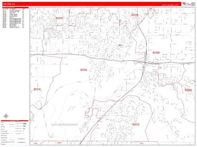 Colton, CA ZIP Code Wall Map, RedLine style