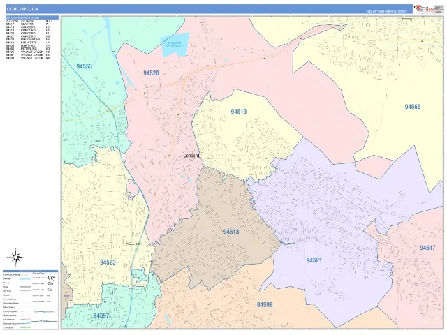 Concord, CA ZIP Code Wall Map, ColorCast style