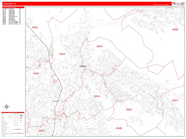 Concord, CA ZIP Code Wall Map, RedLine style