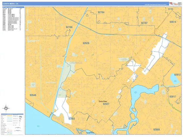 Costa Mesa, CA ZIP Code Wall Map, Business Reference style