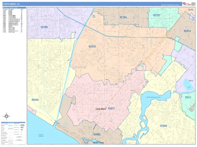Costa Mesa, CA ZIP Code Wall Map, ColorCast style