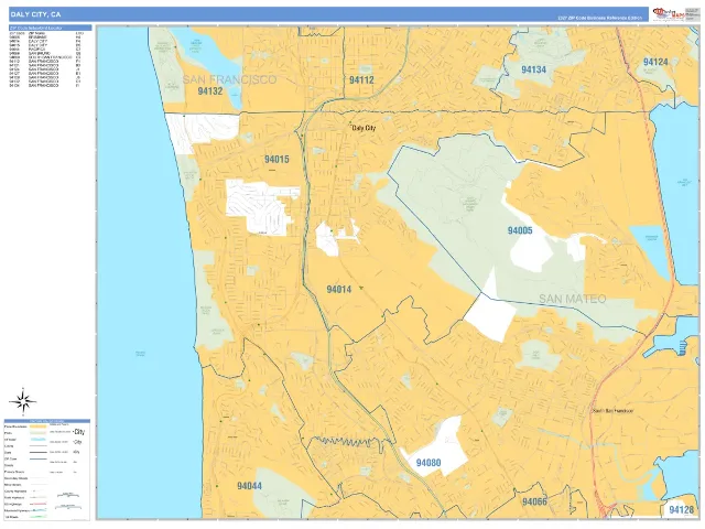 Daly City, CA ZIP Code Wall Map, Business Reference style