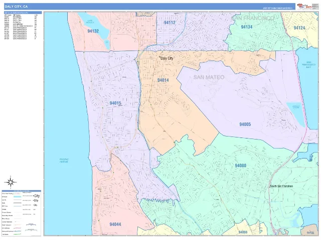 Daly City, CA ZIP Code Wall Map, ColorCast style