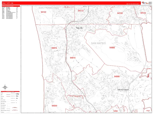 Daly City, CA ZIP Code Wall Map, RedLine style