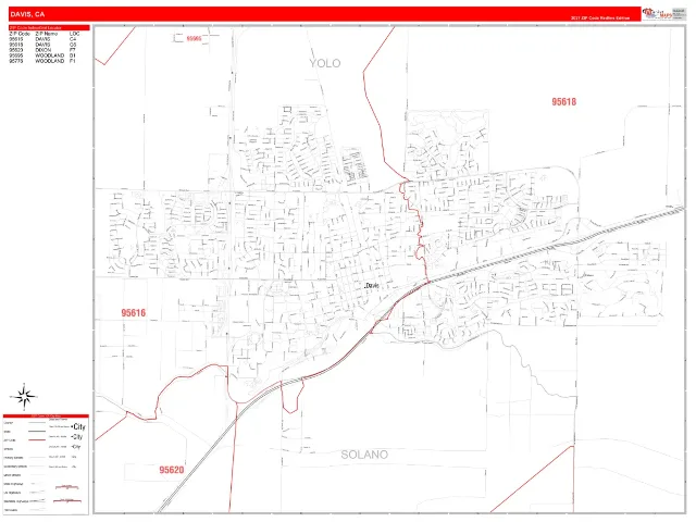 Davis, CA ZIP Code Wall Map, RedLine style