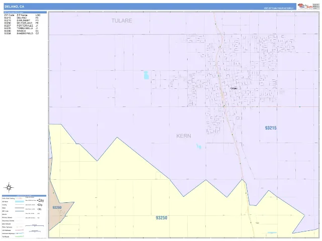 Delano, CA ZIP Code Wall Map, ColorCast style