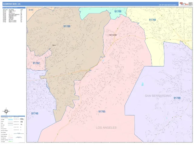 Diamond Bar, CA ZIP Code Wall Map, ColorCast style