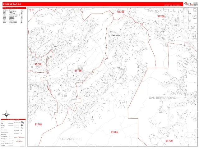 Diamond Bar, CA ZIP Code Wall Map, RedLine style