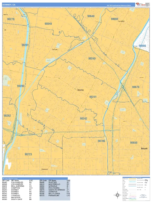 Downey, CA ZIP Code Wall Map, Business Reference style